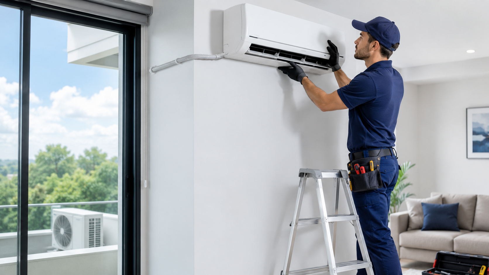 Técnico instalando un aire acondicionado en una vivienda de Valencia