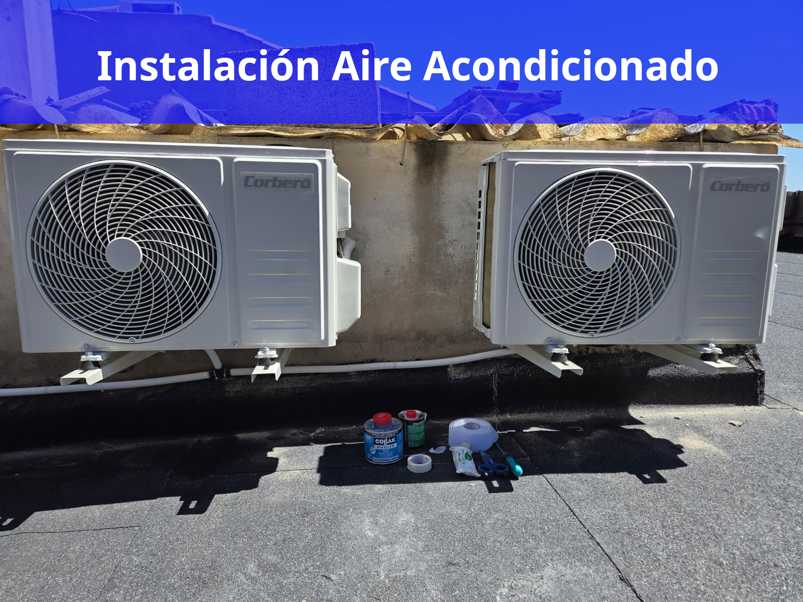 Instalación de dos unidades exteriores de aire acondicionado en una azotea